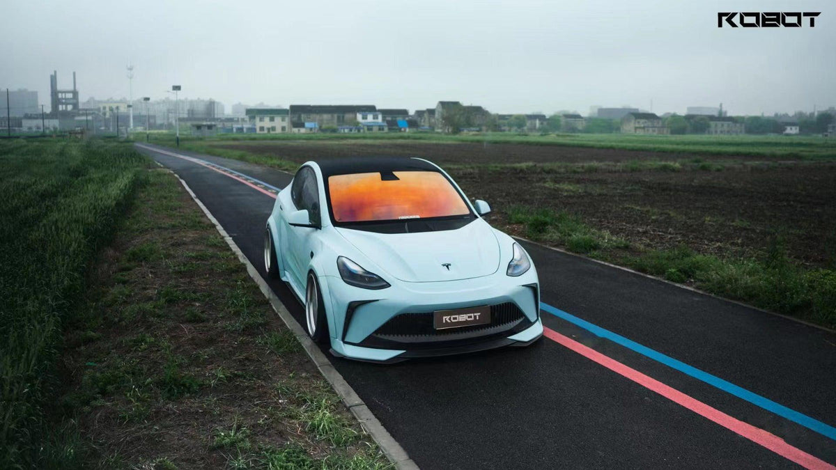 Tesla Model Y Performance AWD Long Range RWD Standard 2020 2021 2023 2024 with Aftermarket Parts - "STARSHIP" Stage 1 Corner Lip (2 pcs) & Stage 2 Corner Lip (4 pcs) & Front Bumper Carbon Fiber from Robot Craftsman