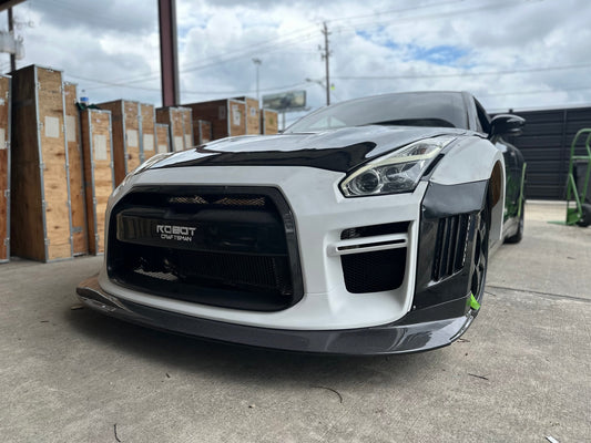 Nissan GTR Nismo Black Edition Track Edition Premium Base CBA DBA 2008 2009 2010 2011 2012 2013 2014 2015 2016 (for installation on 2017 2018 2019 2020 2021 2022 2023 2024 vehicles, 2008 2009 2010 2011 2012 2013 2014 2015 2016 hood is recommended) with Aftermarket Parts - "Godzilla" Widebody Front Bumper & Front Lip Carbon Fiber / FRP from Robot Craftsman