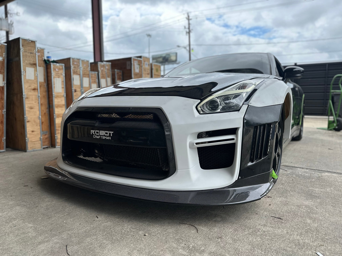 Nissan GTR Nismo Black Edition Track Edition Premium Base CBA DBA 2008 2009 2010 2011 2012 2013 2014 2015 2016 (for installation on 2017 2018 2019 2020 2021 2022 2023 2024 vehicles, 2008 2009 2010 2011 2012 2013 2014 2015 2016 hood is recommended) with Aftermarket Parts - "Godzilla" Widebody Front Bumper & Front Lip Carbon Fiber / FRP from Robot Craftsman
