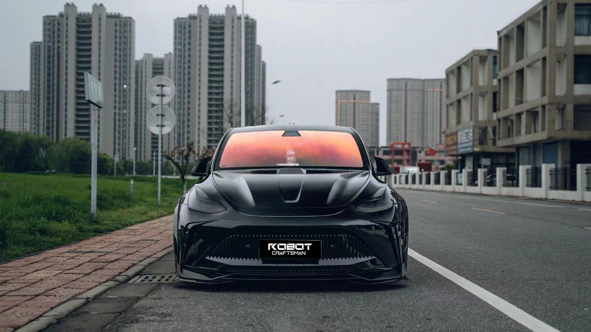 Tesla Model Y Performance AWD Long Range RWD Standard 2020 2021 2023 2024 with Aftermarket Parts - "STARSHIP" Stage 1 Corner Lip (2 pcs) & Stage 2 Corner Lip (4 pcs) & Front Bumper Carbon Fiber from Robot Craftsman