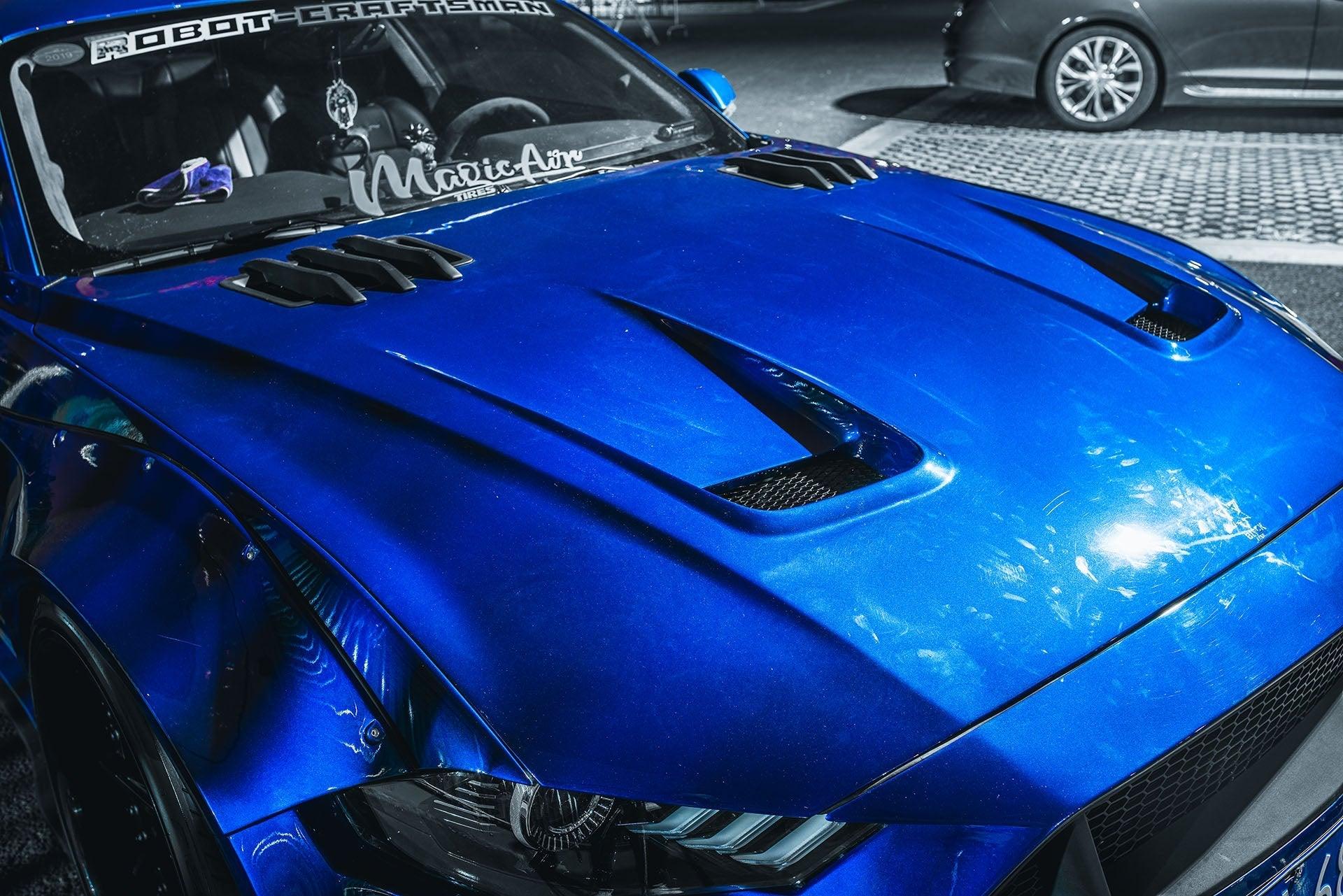 Ford Mustang Ecoboost V6 GT March1 Bullitt S550.2 2018 2019 2020 2021 2022 2023 with Aftermarket Parts - STORM Hood Bonnet Carbon Fiber / FRP from Robot Craftsman Ford Mustang Ecoboost V6 GT March1 Bullitt S550.2 2018 2019 2020 2021 2022 2023 with Aftermarket Parts - STORM Hood Bonnet Carbon Fiber / FRP from Robot Craftsman