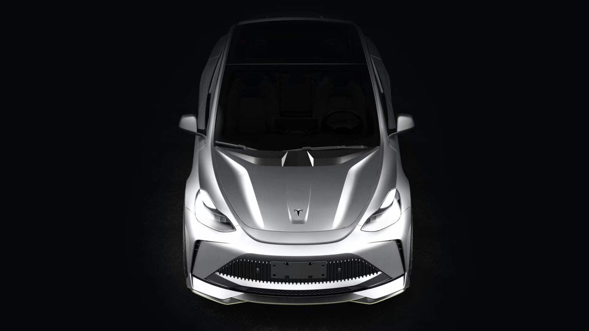 Tesla Model Y Performance AWD Long Range RWD Standard 2020 2021 2023 2024 with Aftermarket Parts - "STARSHIP" Stage 1 Corner Lip (2 pcs) & Stage 2 Corner Lip (4 pcs) & Front Bumper Carbon Fiber from Robot Craftsman
