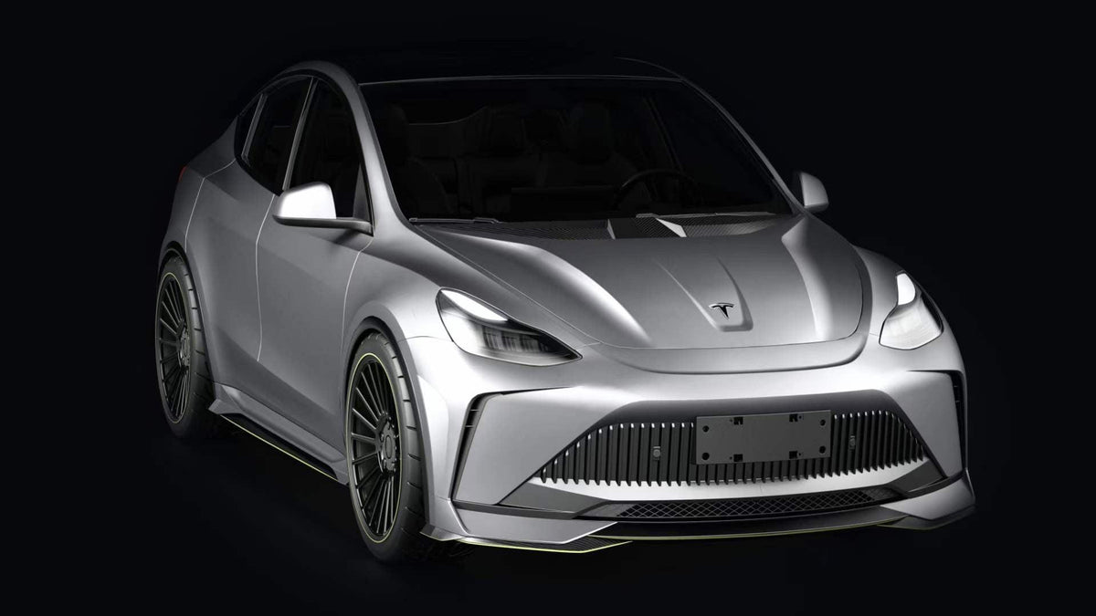 Tesla Model Y Performance AWD Long Range RWD Standard 2020 2021 2023 2024 with Aftermarket Parts - "STARSHIP" Stage 1 Corner Lip (2 pcs) & Stage 2 Corner Lip (4 pcs) & Front Bumper Carbon Fiber from Robot Craftsman