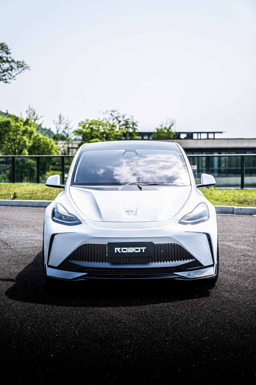 Tesla Model Y Performance AWD Long Range RWD Standard 2020 2021 2023 2024 with Aftermarket Parts - "STARSHIP" Stage 1 Corner Lip (2 pcs) & Stage 2 Corner Lip (4 pcs) & Front Bumper Carbon Fiber from Robot Craftsman