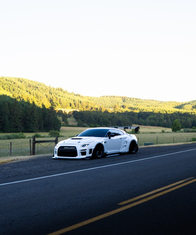 Nissan GTR Nismo T-Spec Black Edition Track Edition Premium Pure CBA DBA EBA 2008 2009 2010 2011 2012 2013 2014 2015 2016 2017 2018 2019 2020 2021 2022 2023 2024 (designed to be compatible with ROBOT CRAFTSMAN front bumper) with Aftermarket Parts - "Godzilla" Widebody Wheel Arches & Side Skirts Carbon Fiber / FRP from Robot Craftsman