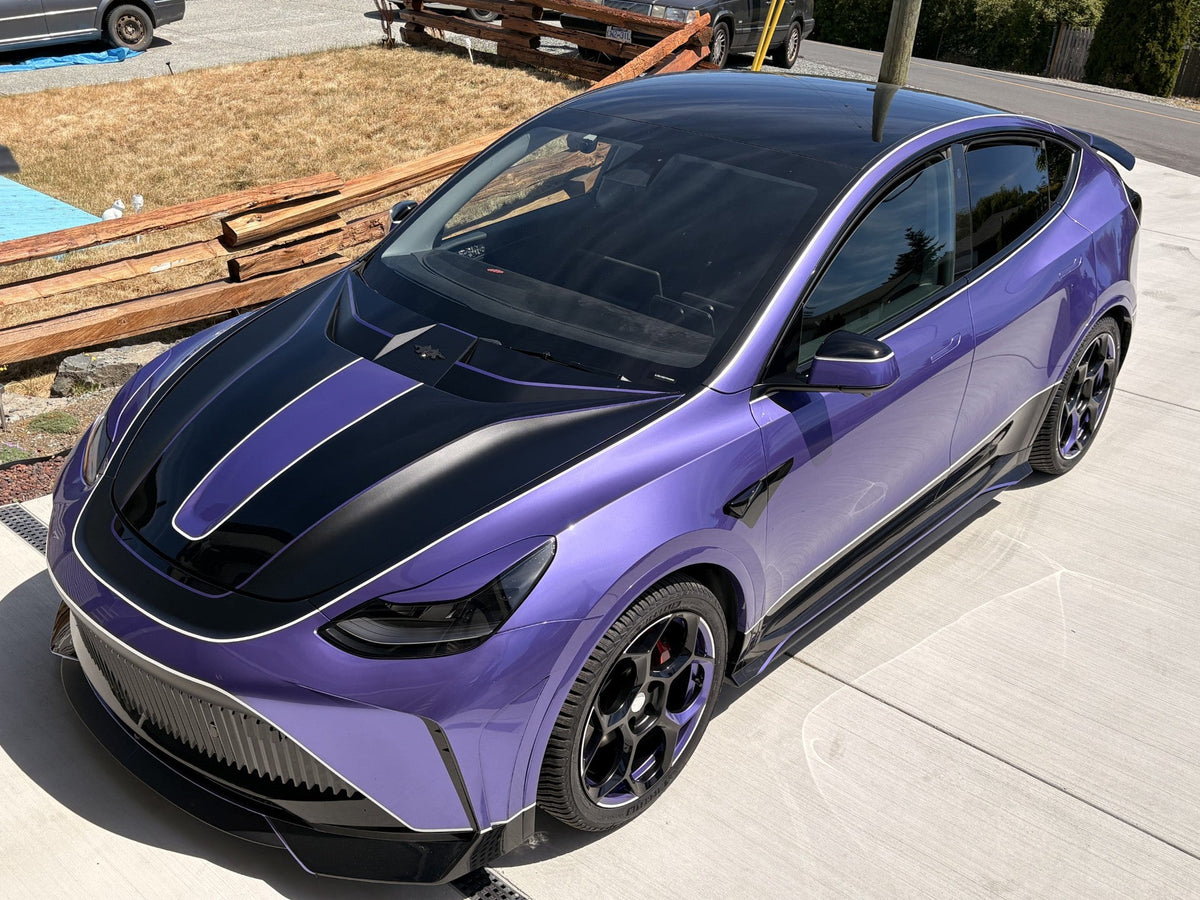 Tesla Model Y Performance AWD Long Range RWD Standard 2020 2021 2023 2024 with Aftermarket Parts - "STARSHIP" Stage 1 Corner Lip (2 pcs) & Stage 2 Corner Lip (4 pcs) & Front Bumper Carbon Fiber from Robot Craftsman
