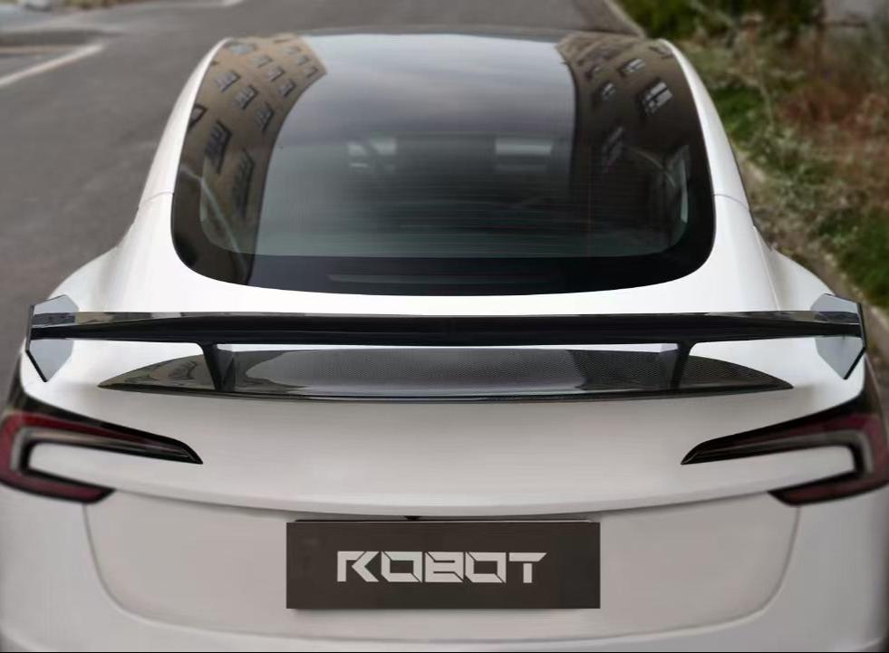 Tesla Model 3 Highland / Performance 2024 with Aftermarket Parts - V3 Rear Spoiler Carbon Fiber / FRP from Robot Craftsman Tesla Model 3 Highland / Performance 2024 with Aftermarket Parts - V3 Rear Spoiler Carbon Fiber / FRP from Robot Craftsman