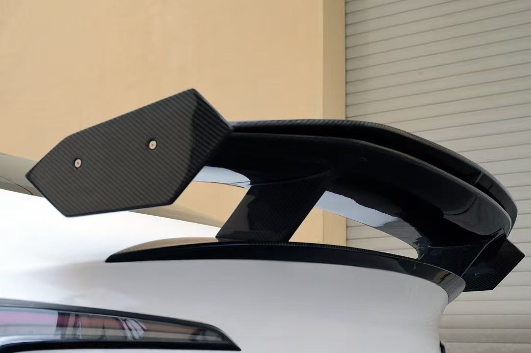 Tesla Model 3 Highland / Performance 2024 with Aftermarket Parts - V3 Rear Spoiler Carbon Fiber / FRP from Robot Craftsman Tesla Model 3 Highland / Performance 2024 with Aftermarket Parts - V3 Rear Spoiler Carbon Fiber / FRP from Robot Craftsman