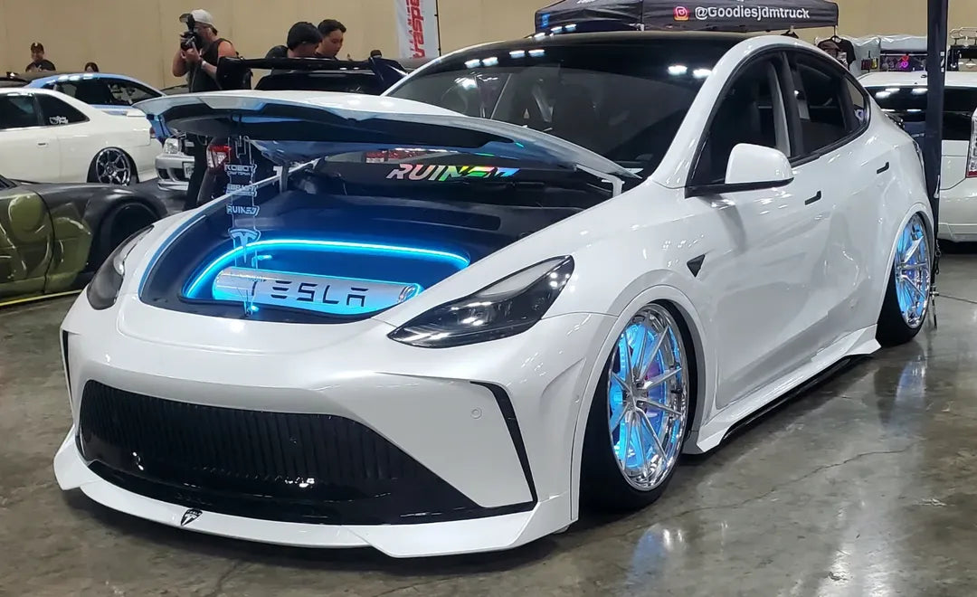 Tesla Model Y Performance AWD Long Range RWD Standard 2020 2021 2023 2024 with Aftermarket Parts - "STARSHIP" Stage 1 Corner Lip (2 pcs) & Stage 2 Corner Lip (4 pcs) & Front Bumper Carbon Fiber / FRP / PP from Robot Craftsman