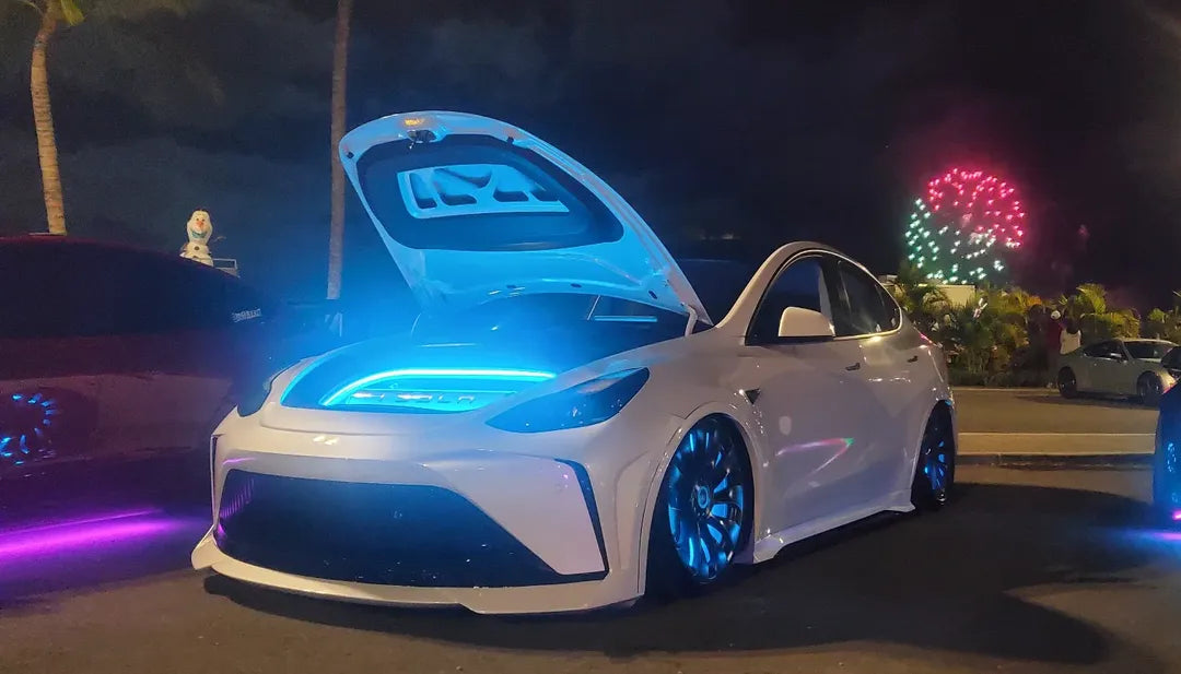Tesla Model Y Performance AWD Long Range RWD Standard 2020 2021 2023 2024 with Aftermarket Parts - "STARSHIP" Stage 1 Corner Lip (2 pcs) & Stage 2 Corner Lip (4 pcs) & Front Bumper Carbon Fiber / FRP / PP from Robot Craftsman