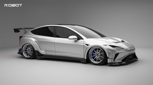 Tesla Model 3 Highland Performance 2024-ON with Robot Craftsman's Aftermarket Parts - Carbon Fiber & FRP Fenders Flares & Wheel Arches & Side Skirts & Front Corner Canards & Side Canards HACKER