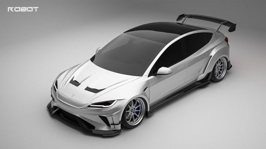 Tesla Model 3 Highland / Performance 2024-ON with Aftermarket Parts - Hacker Widebody Front Bumper & Lip Carbon Fiber / FRP from Robot Craftsman