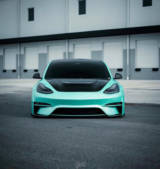 Tesla Model 3 Performance Long Range Standard Base 2017 2018 2019 2020 2021 2022 2023 with Aftermarket Parts - "Crypton" Hood Bonnet Carbon Fiber / FRP from Robot Craftsman