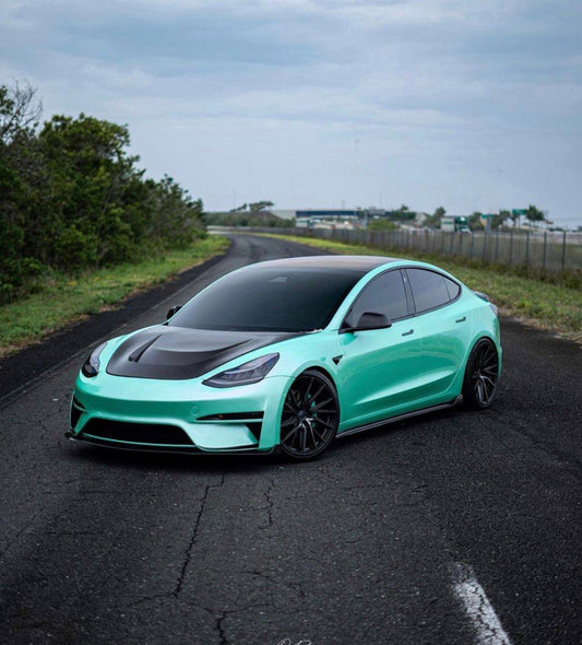 Tesla Model 3 Performance Long Range Standard Base 2017 2018 2019 2020 2021 2022 2023 with Aftermarket Parts - "Crypton" Hood Bonnet Carbon Fiber / FRP from Robot Craftsman