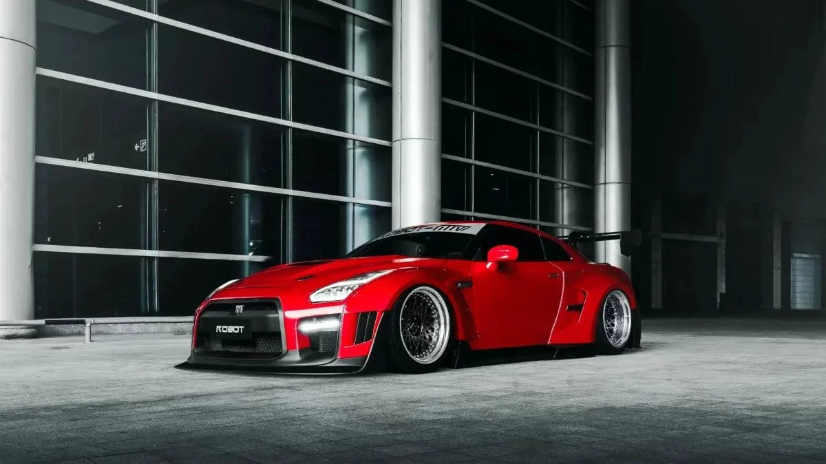 Nissan GTR Nismo T-Spec Black Edition Track Edition Premium Pure CBA DBA EBA 2008 2009 2010 2011 2012 2013 2014 2015 2016 2017 2018 2019 2020 2021 2022 2023 2024 (designed to be compatible with ROBOT CRAFTSMAN front bumper) with Aftermarket Parts - "Godzilla" Widebody Wheel Arches & Side Skirts Carbon Fiber / FRP from Robot Craftsman
