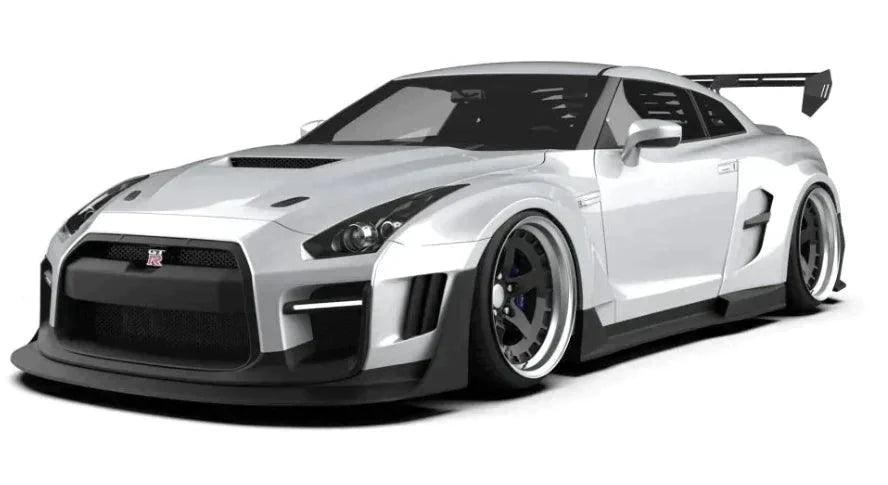 Nissan GTR Nismo T-Spec Black Edition Track Edition Premium Pure CBA DBA EBA 2008 2009 2010 2011 2012 2013 2014 2015 2016 2017 2018 2019 2020 2021 2022 2023 2024 (designed to be compatible with ROBOT CRAFTSMAN front bumper) with Aftermarket Parts - "Godzilla" Widebody Wheel Arches & Side Skirts Carbon Fiber / FRP from Robot Craftsman