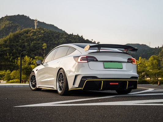 Tesla Model 3 Performance Long Range Standard Base 2017 2018 2019 2020 2021 2022 2023 with Aftermarket Parts - "HACKER" Rear Bumper & Diffuser Carbon Fiber / FRP from Robot Craftsman