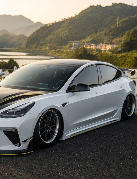 Tesla Model 3 Performance Long Range Standard Base 2017 2018 2019 2020 2021 2022 2023 with Aftermarket Parts - "Hacker" Narrow Body Side Skirts Carbon Fiber / FRP from Robot Craftsman