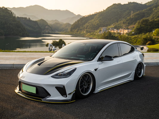 Tesla Model 3 Performance Long Range Standard Base 2017 2018 2019 2020 2021 2022 2023 with Aftermarket Parts - "Hacker" V1 Hood Bonnet Carbon Fiber / FRP from Robot Craftsman