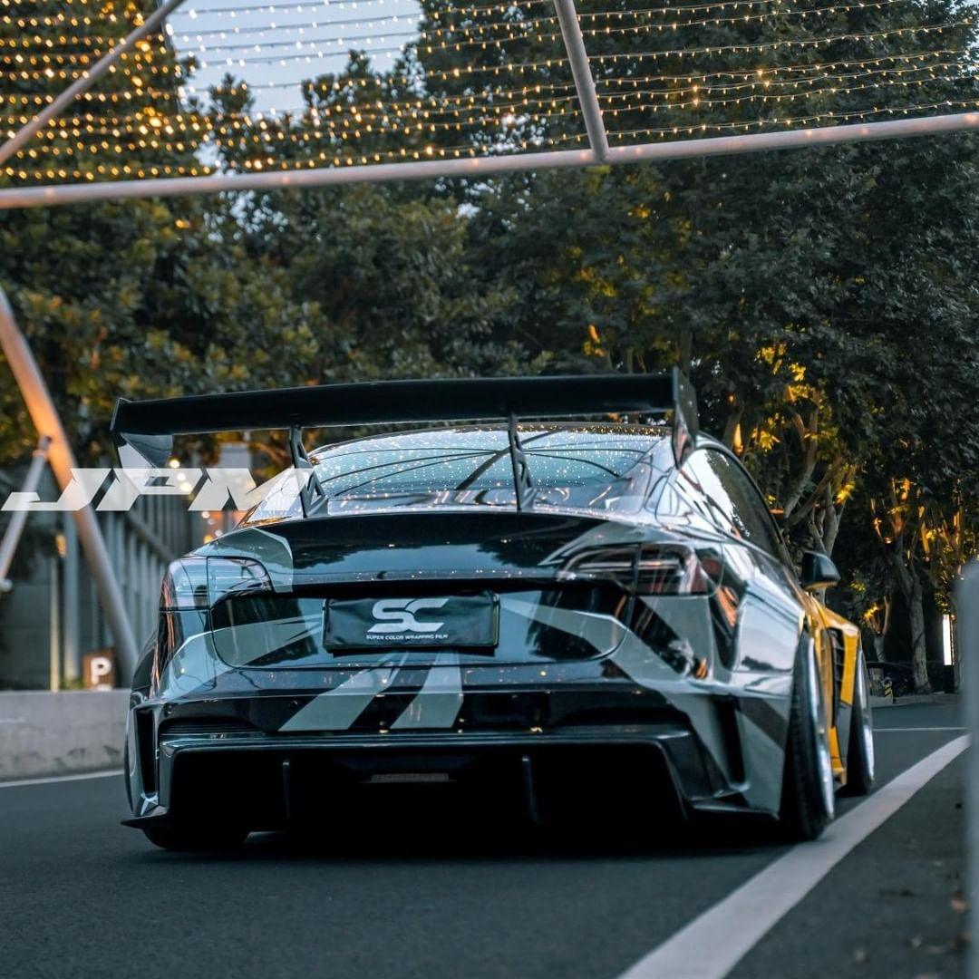 Tesla Model 3 Performance Long Range Standard Base 2017 2018 2019 2020 2021 2022 2023 with Aftermarket Parts - "Hacker" V2 GT Rear Spoiler Wing Carbon Fiber / FRP from Robot Craftsman Tesla Model 3 Performance Long Range Standard Base 2017 2018 2019 2020 2021 2022 2023 with Aftermarket Parts - "Hacker" V2 GT Rear Spoiler Wing Carbon Fiber / FRP from Robot Craftsman