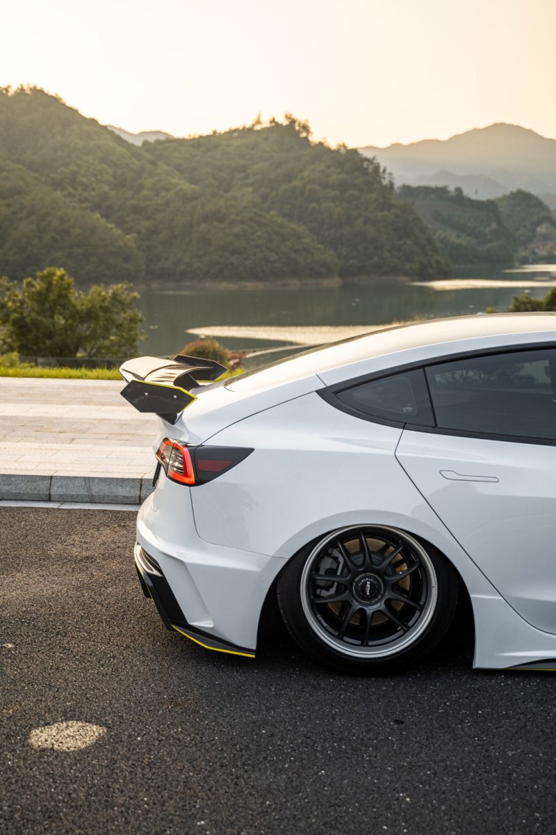 Tesla Model 3 Performance Long Range Standard Base 2017 2018 2019 2020 2021 2022 2023 with Aftermarket Parts - "Hacker" V3 Double Decker Rear Spoiler Wing Carbon Fiber / FRP from Robot Craftsman
