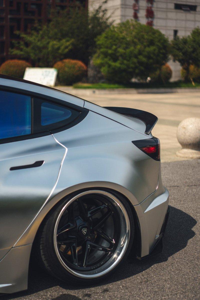 Tesla Model 3 Performance Long Range Standard Base 2017 2018 2019 2020 2021 2022 2023 with Aftermarket Parts - "Hacker" V4 Rear Ducktail Spoiler Carbon Fiber / FRP from Robot Craftsman