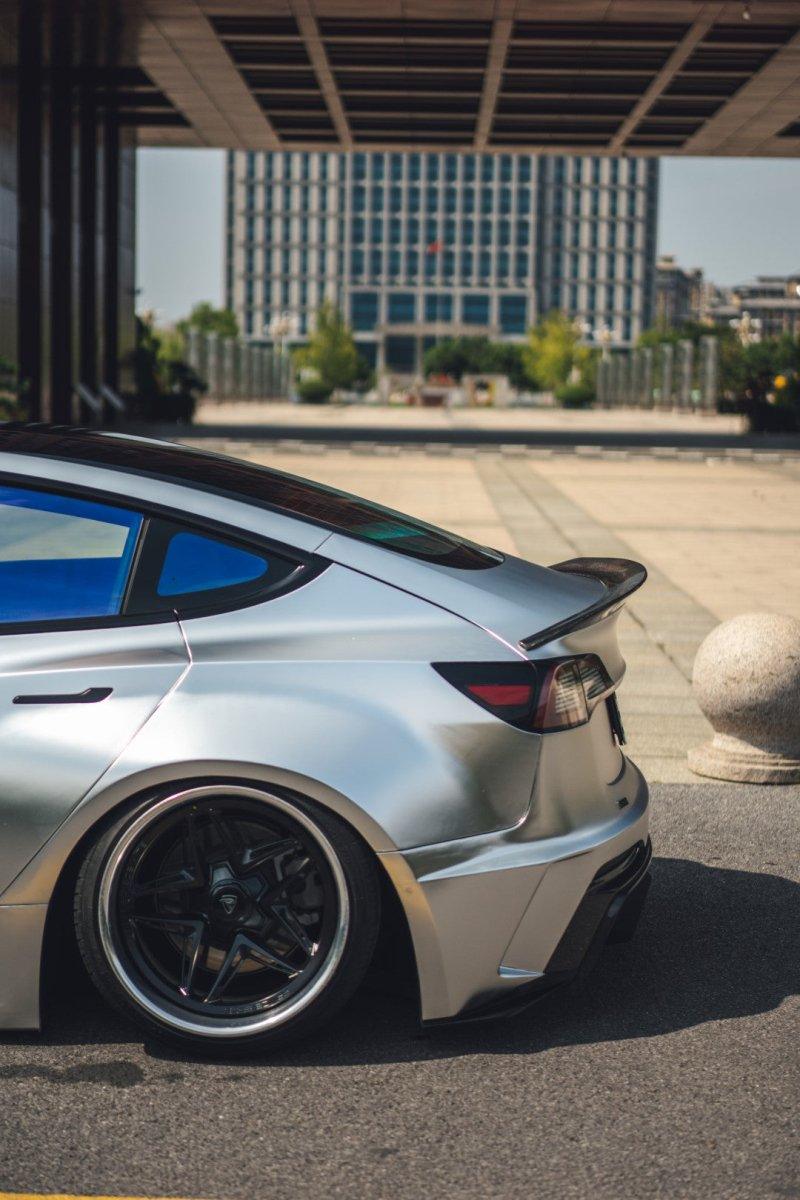 Tesla Model 3 Performance Long Range Standard Base 2017 2018 2019 2020 2021 2022 2023 with Aftermarket Parts - "Hacker" V4 Rear Ducktail Spoiler Carbon Fiber / FRP from Robot Craftsman