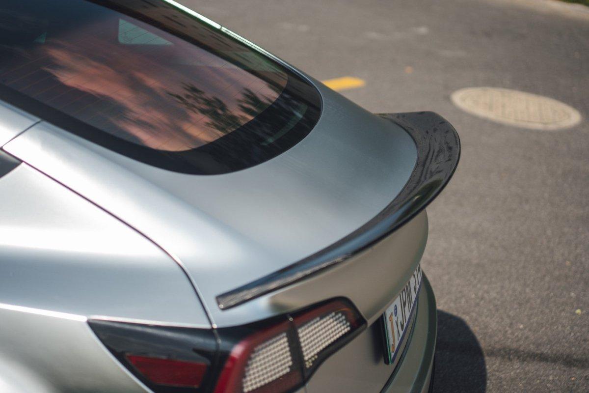 Tesla Model 3 Performance Long Range Standard Base 2017 2018 2019 2020 2021 2022 2023 with Aftermarket Parts - "Hacker" V4 Rear Ducktail Spoiler Carbon Fiber / FRP from Robot Craftsman