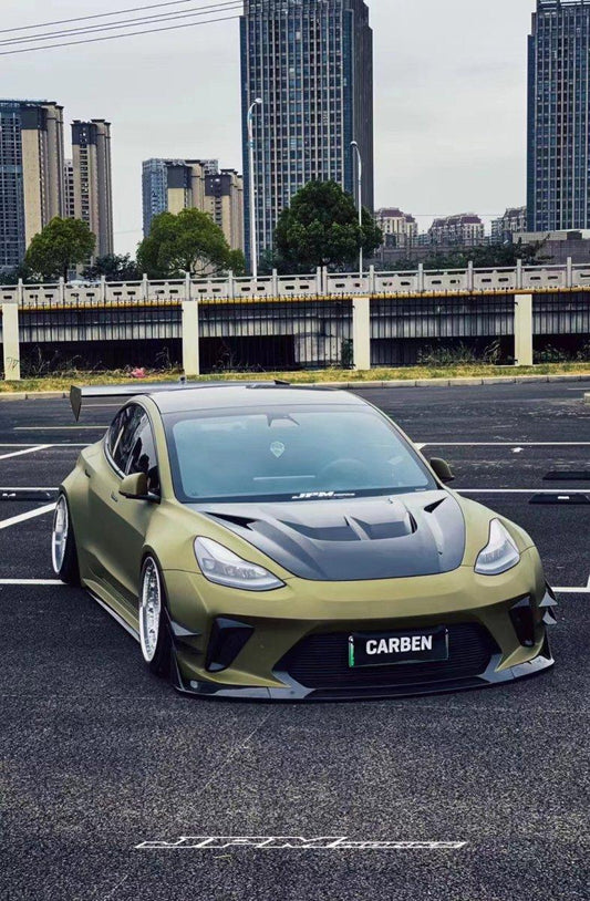 Tesla Model 3 Performance Long Range Standard Base 2017 2018 2019 2020 2021 2022 2023 with Aftermarket Parts - "Hacker" Widebody Front Bumper Canards Carbon Fiber / FRP from Robot Craftsman