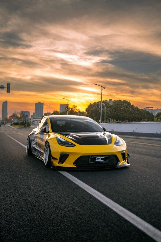 Tesla Model 3 Performance Long Range Standard Base 2017 2018 2019 2020 2021 2022 2023 with Aftermarket Parts - "HACKER" Widebody Front Bumper & Front Splitter Carbon Fiber / FRP from Robot Craftsman