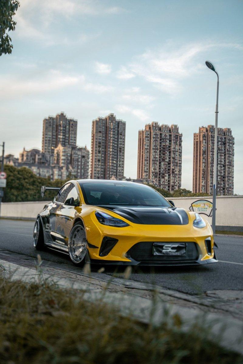 Tesla Model 3 Performance Long Range Standard Base 2017 2018 2019 2020 2021 2022 2023 with Aftermarket Parts - "Hacker" Widebody Wheel Arches & Side Skirts Carbon Fiber / FRP from Robot Craftsman Tesla Model 3 Performance Long Range Standard Base 2017 2018 2019 2020 2021 2022 2023 with Aftermarket Parts - "Hacker" Widebody Wheel Arches & Side Skirts Carbon Fiber / FRP from Robot Craftsman