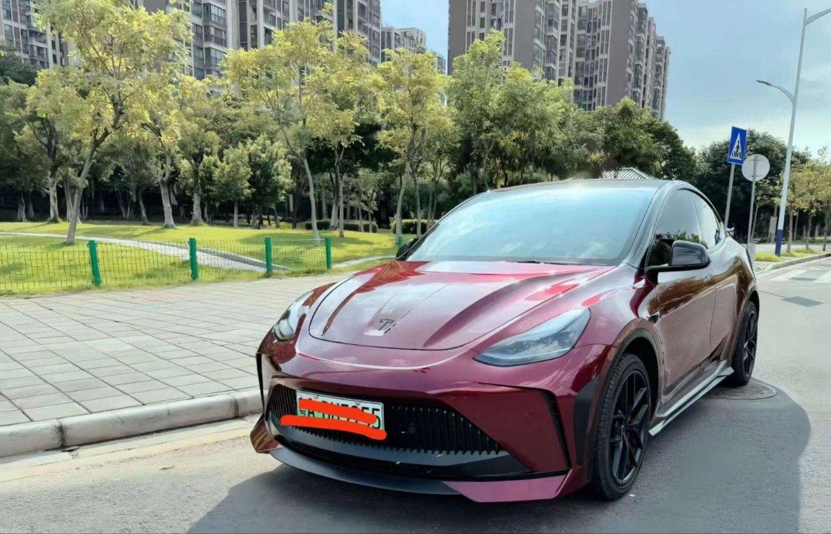 Tesla Model Y Performance AWD Long Range RWD Standard 2020 2021 2023 2024 with Aftermarket Parts - "STARSHIP" Stage 1 Corner Lip (2 pcs) & Stage 2 Corner Lip (4 pcs) & Front Bumper Carbon Fiber from Robot Craftsman