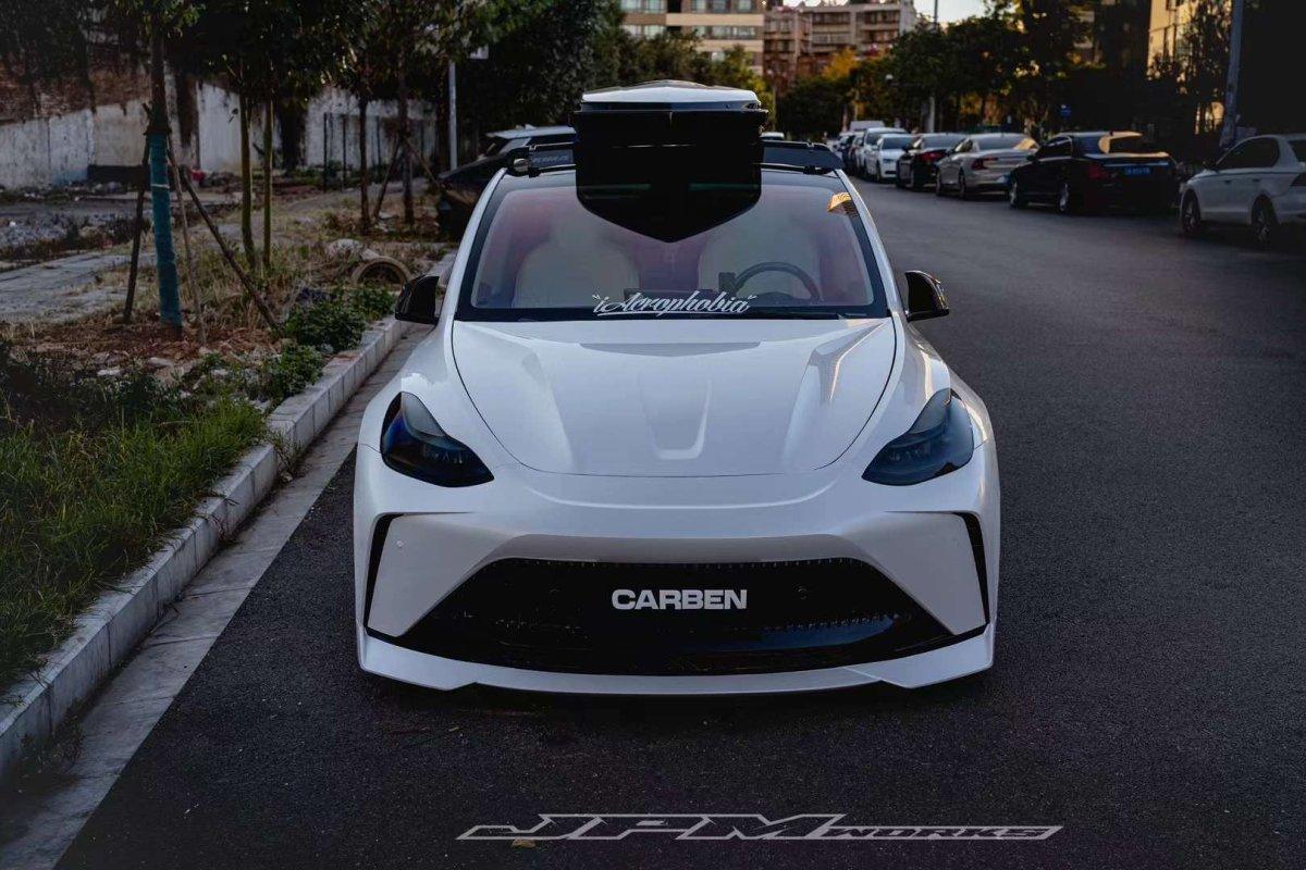Tesla Model Y Performance AWD Long Range RWD Standard 2020 2021 2023 2024 with Aftermarket Parts - "STARSHIP" Stage 1 Corner Lip (2 pcs) & Stage 2 Corner Lip (4 pcs) & Front Bumper Carbon Fiber from Robot Craftsman