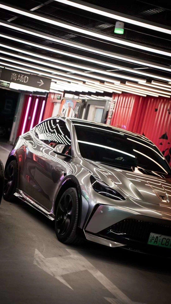 Tesla Model Y Performance AWD Long Range RWD Standard 2020 2021 2023 2024 with Aftermarket Parts - "STARSHIP" Stage 1 Corner Lip (2 pcs) & Stage 2 Corner Lip (4 pcs) & Front Bumper Carbon Fiber from Robot Craftsman