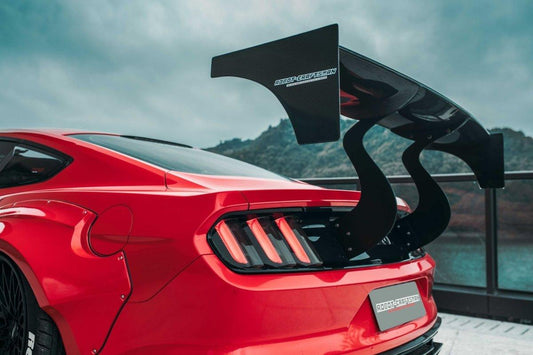Ford Mustang Ecoboost V6 GT March1 Bullitt S550.1 S550.2 2015 2016 2017 2018 2019 2020 2021 2022 2023 (note: dual exhaust tips) with Aftermarket Parts - "STORM" Rear GT Wing Carbon Fiber / FRP from Robot Craftsman