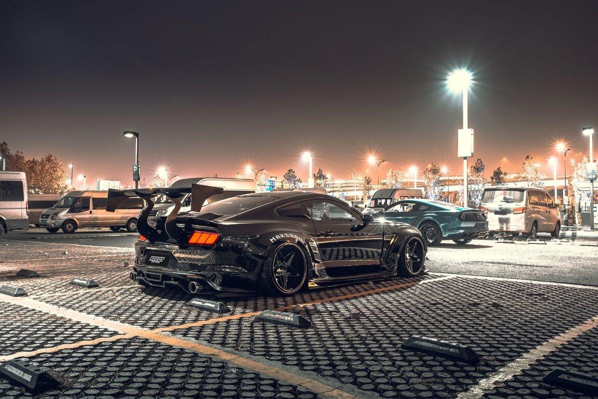 Ford Mustang Ecoboost V6 GT March1 Bullitt S550.1 S550.2 2015 2016 2017 2018 2019 2020 2021 2022 2023 (note: dual exhaust tips) with Aftermarket Parts - "STORM" Rear GT Wing Carbon Fiber / FRP from Robot Craftsman