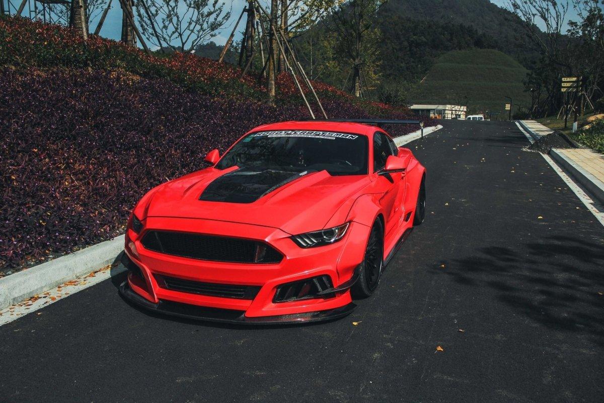Ford Mustang Ecoboost V6 GT S550.1 2015 2016 2017 & Mustang Ecoboost V6 GT March1 Bullitt S550.2 2018 2019 2020 2021 2022 2023 with Aftermarket Parts - "STORM" Widebody Fender Flares Wheel Arches & Side Skirts Carbon Fiber / FRP from Robot Craftsman