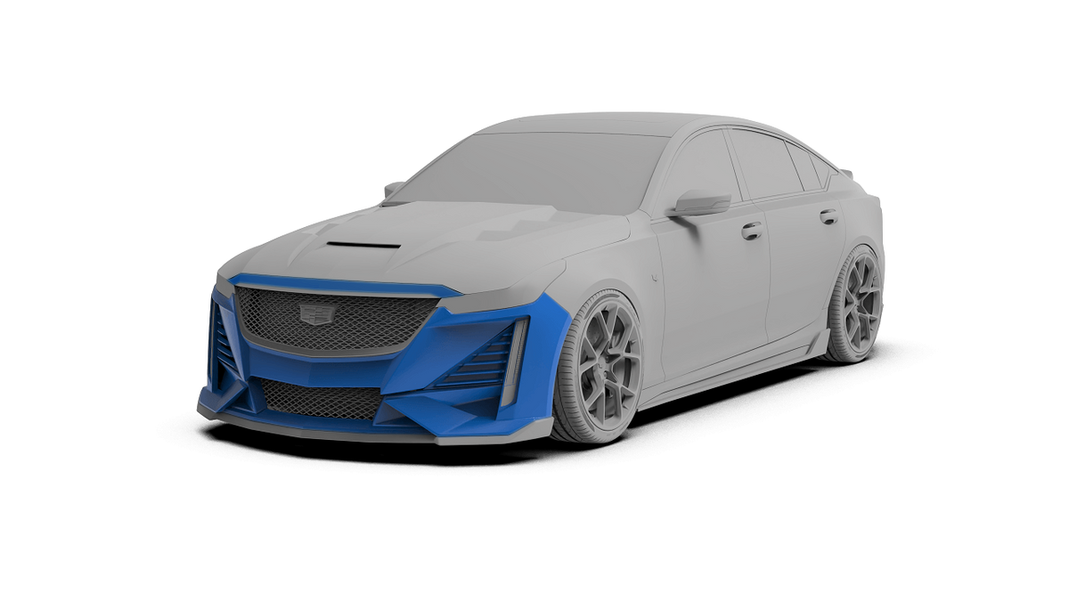 Cadillac CT5 with Robot Craftsman PRISM body kit, front bumper highlighted