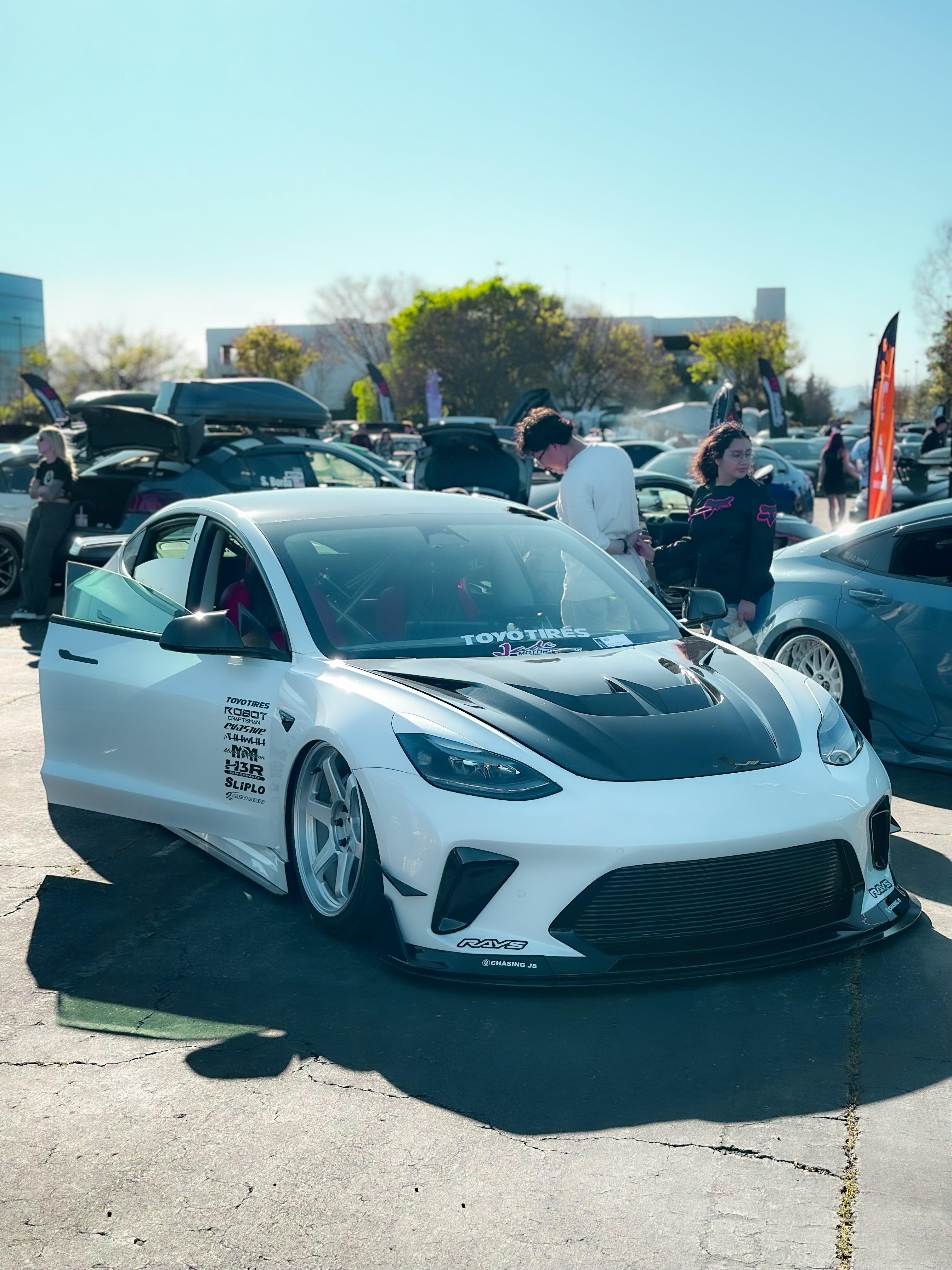 Tesla Model 3 Performance Long Range Standard Base 2017 2018 2019 2020 2021 2022 2023 with Aftermarket Parts - "HACKER" Narrow Body Front Bumper & Front Splitter Carbon Fiber / FRP from Robot Craftsman