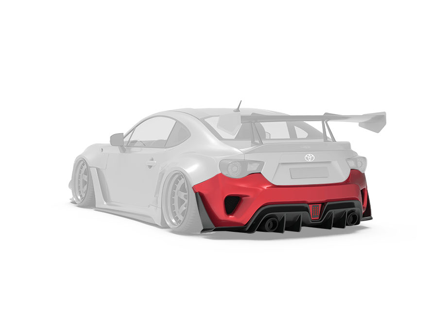 Toyota GT86 / Subaru BRZ / Scion FR-S with Robot Craftsman widebody kit, rear bumper & diffuser highlighted