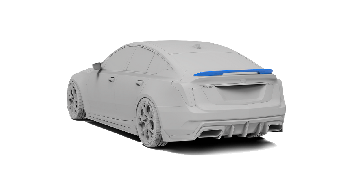 Cadillac CT5 with Robot Craftsman PRISM body kit, rear ducktail spoiler highlighted