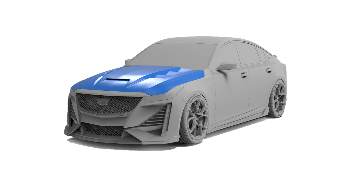 Cadillac CT5 with Robot Craftsman PRISM body kit, hood bonnet highlighted
