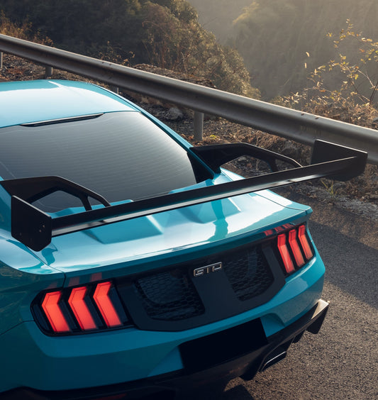 Ford Mustang S550 with Robot Craftsman GTD Style widebody kit, rear spoiler wing highlighted