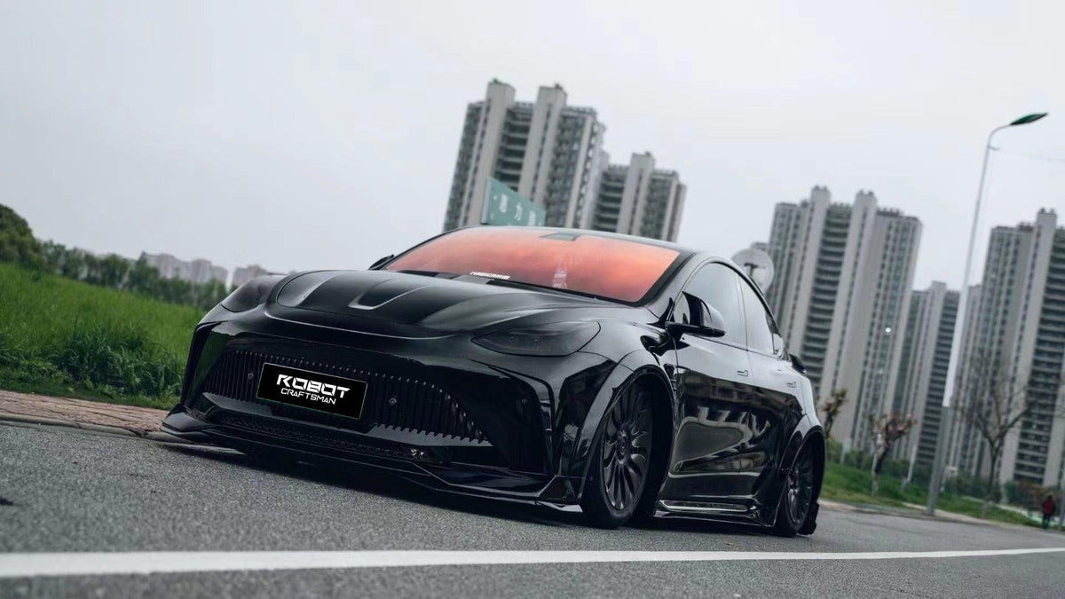 Tesla Model Y Performance AWD Long Range RWD Standard 2020 2021 2023 2024 with Aftermarket Parts - "STARSHIP" Stage 1 Corner Lip (2 pcs) & Stage 2 Corner Lip (4 pcs) & Front Bumper Carbon Fiber from Robot Craftsman