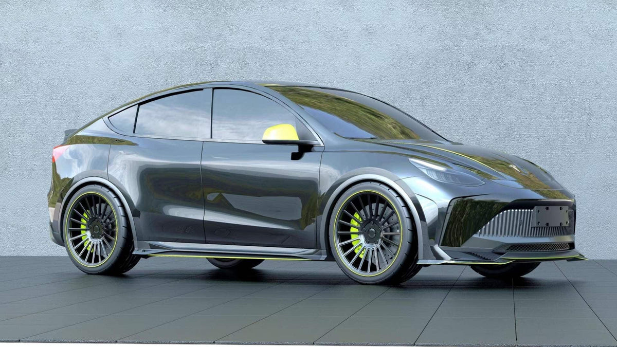 Tesla Model Y Performance AWD Long Range RWD Standard 2020 2021 2023 2024 with Aftermarket Parts - "STARSHIP" Stage 1 Corner Lip (2 pcs) & Stage 2 Corner Lip (4 pcs) & Front Bumper Carbon Fiber from Robot Craftsman