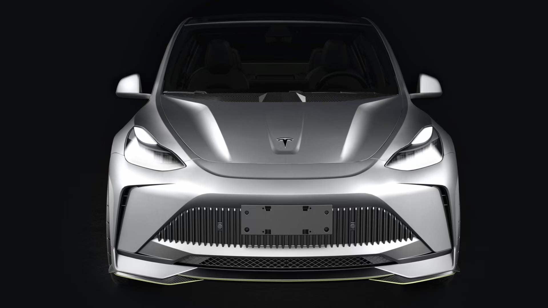 Tesla Model Y Performance AWD Long Range RWD Standard 2020 2021 2023 2024 with Aftermarket Parts - "STARSHIP" Stage 1 Corner Lip (2 pcs) & Stage 2 Corner Lip (4 pcs) & Front Bumper Carbon Fiber from Robot Craftsman