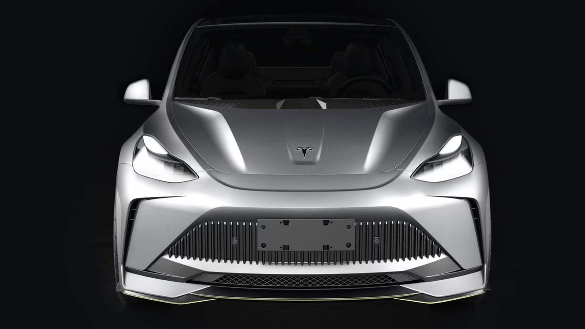 Tesla Model Y Performance AWD Long Range RWD Standard 2020 2021 2023 2024 with Aftermarket Parts - "STARSHIP" Stage 1 Corner Lip (2 pcs) & Stage 2 Corner Lip (4 pcs) & Front Bumper Carbon Fiber from Robot Craftsman