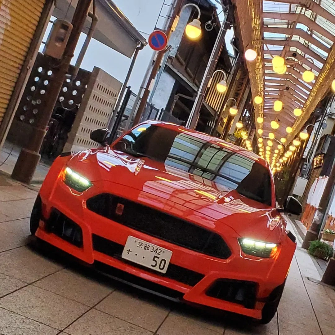 Ford Mustang Ecoboost V6 GT S550.1 2015 2016 2017 & Mustang Ecoboost V6 GT March1 Bullitt S550.1 S550.2 2015 2016 2017 2018 2019 2020 2021 2022 2023 & Mustang Ecoboost V6 GT March1 Bullitt S550.2 2018 2019 2020 2021 2022 2023 with Aftermarket Parts - STORM Widebody Front Bumper & Lip & Replacement Front Lip Only Carbon Fiber/FRP from Robot Craftsman