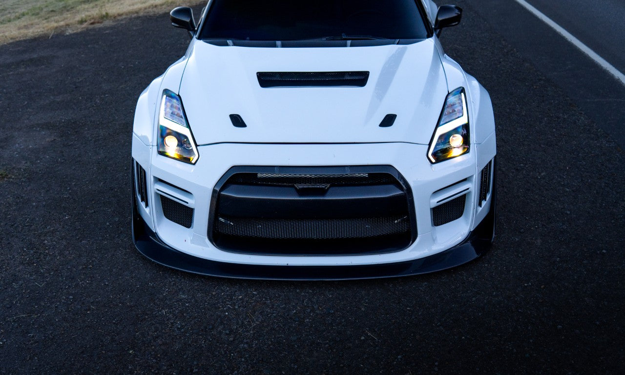 Nissan GTR Nismo Black Edition Track Edition Premium Base CBA DBA 2008 2009 2010 2011 2012 2013 2014 2015 2016 (for installation on 2017 2018 2019 2020 2021 2022 2023 2024 vehicles, 2008 2009 2010 2011 2012 2013 2014 2015 2016 hood is recommended) with Aftermarket Parts - "Godzilla" Widebody Front Bumper & Front Lip Carbon Fiber / FRP from Robot Craftsman