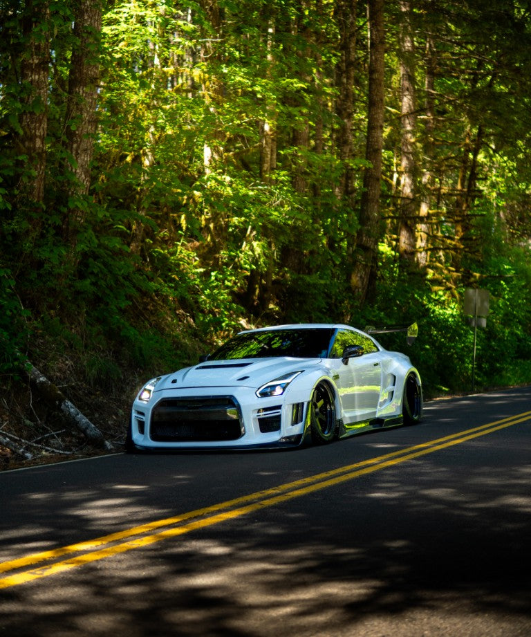 Nissan GTR Nismo Black Edition Track Edition Premium Base CBA DBA 2008 2009 2010 2011 2012 2013 2014 2015 2016 (for installation on 2017 2018 2019 2020 2021 2022 2023 2024 vehicles, 2008 2009 2010 2011 2012 2013 2014 2015 2016 hood is recommended) with Aftermarket Parts - "Godzilla" Widebody Front Bumper & Front Lip Carbon Fiber / FRP from Robot Craftsman